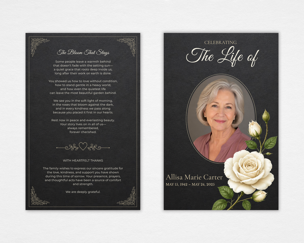 The Bloom That Stays white rose chalkboard funeral program template — standard size, front and back cover, Canva editable instant download
