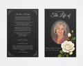 The Bloom That Stays white rose chalkboard funeral program template — standard size, front and back cover, Canva editable instant download
