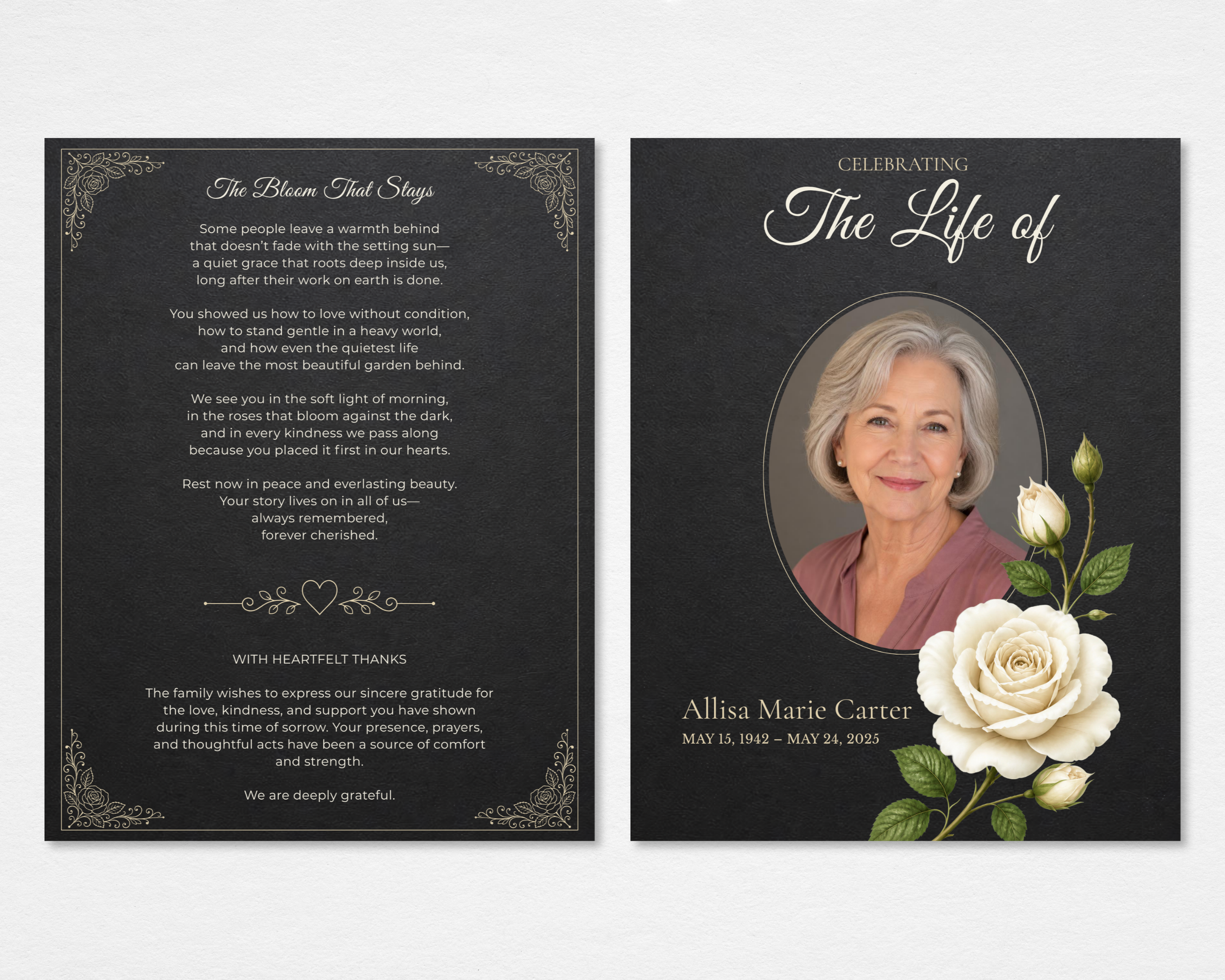 The Bloom That Stays white rose chalkboard funeral program template — tabloid size, front and back cover, Canva editable instant download
