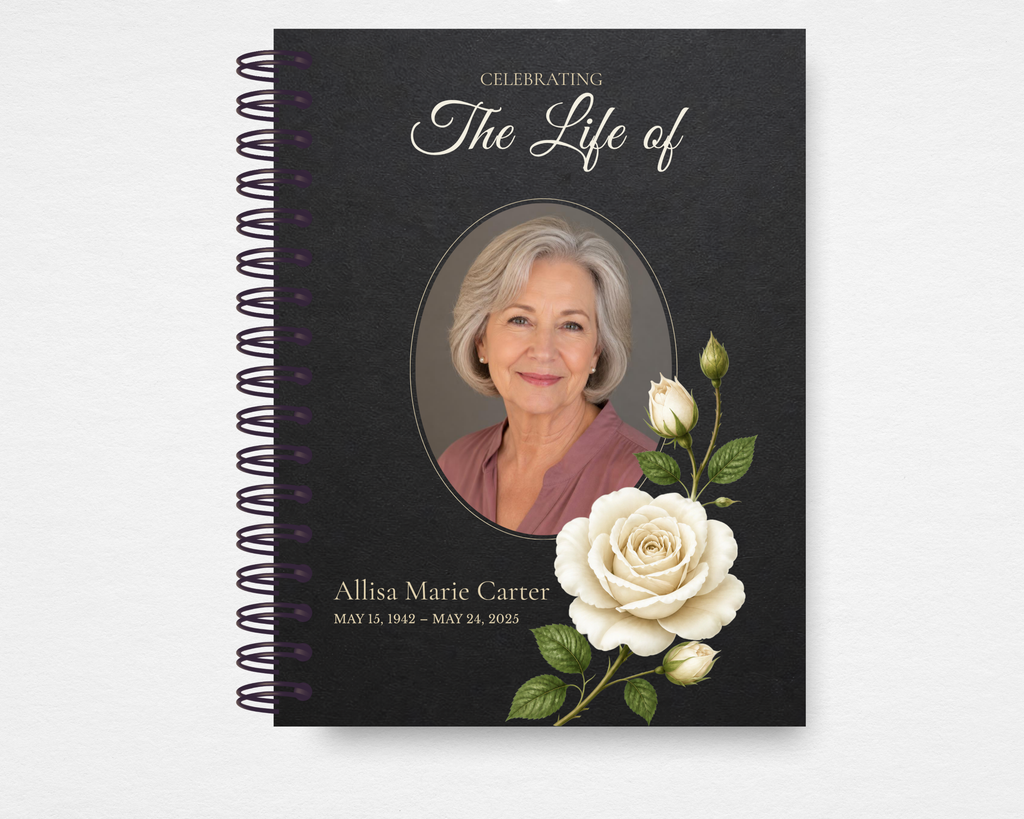 The Bloom That Stays memorial guest book front cover — rich charcoal background with large luminous white roses, ornate filigree corner details, elegant script typography, and a circular portrait photo placeholder; Canva editable instant download

