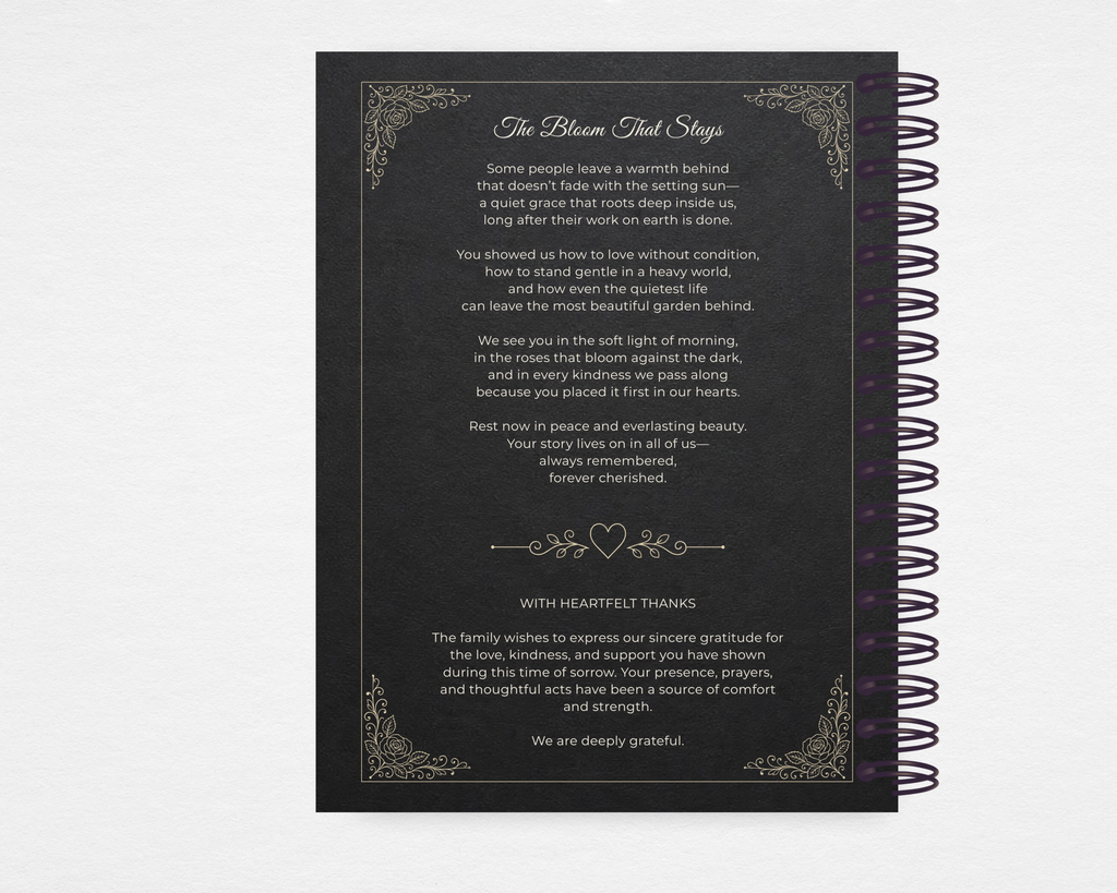 The Bloom That Stays memorial guest book back cover — charcoal background with white rose design elements, filigree accents, and editable text area for acknowledgments or closing message; coordinates with the companion White Rose funeral program
