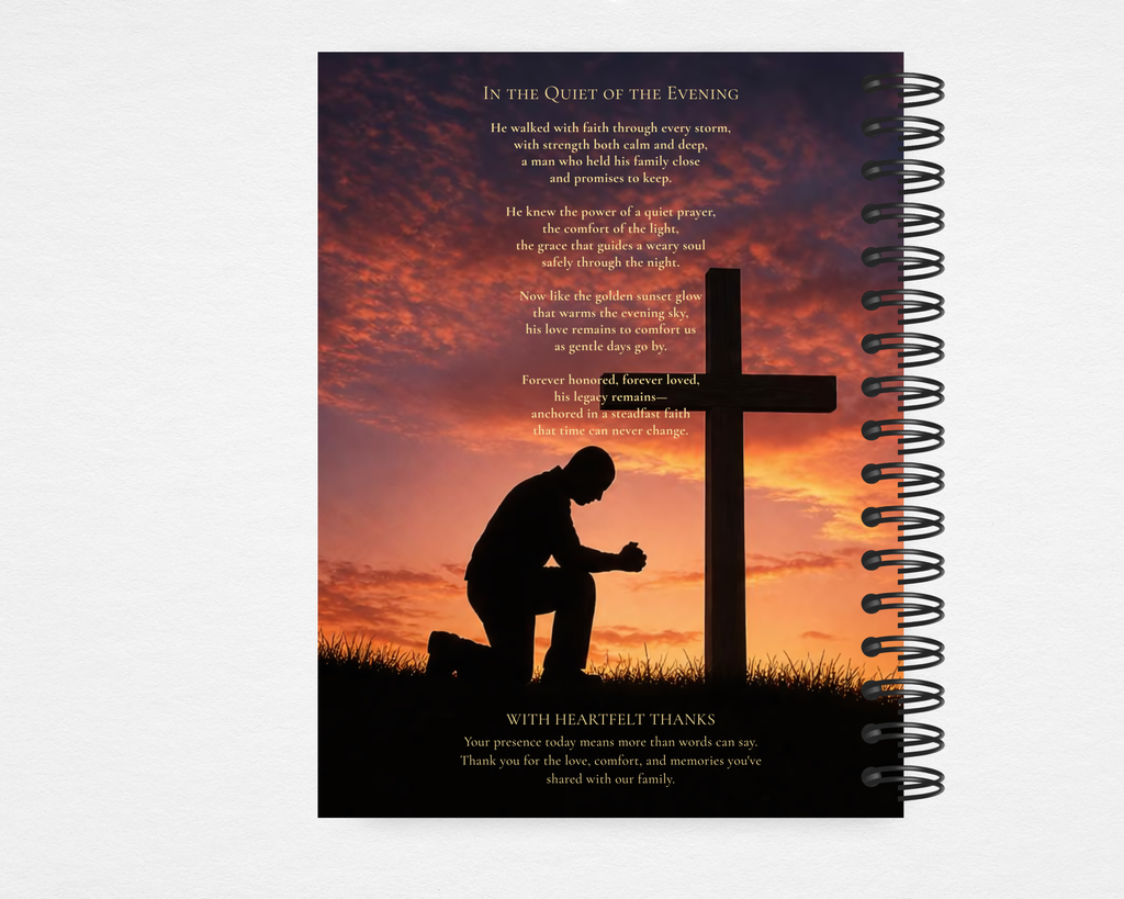 Forever in His Presence Guest Book — back cover with silhouette of man kneeling at a cross against a burnt orange sunset sky, original poem "In the Quiet of the Evening"