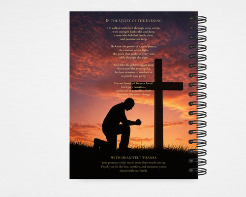 Forever in His Presence Guest Book — back cover with silhouette of man kneeling at a cross against a burnt orange sunset sky, original poem "In the Quiet of the Evening"