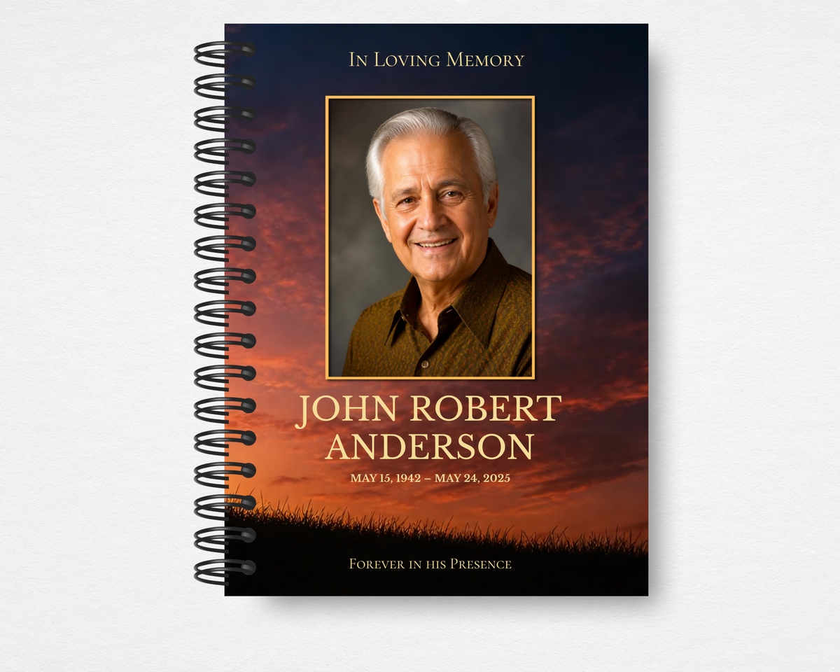 Forever in His Presence Guest Book — front cover with deep sunset sky, gold-framed photo placeholder, and serif title text