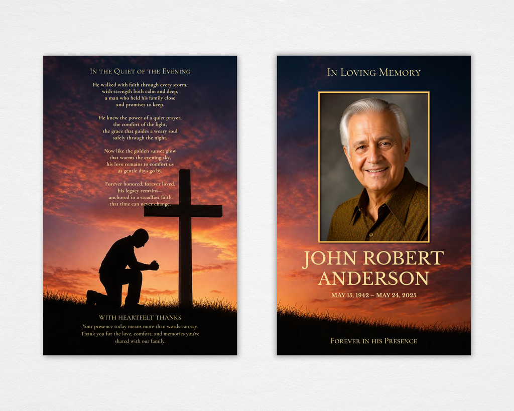 Funeral program with sunset sky, silhouette of a man kneeling at a cross, gold "Forever in His Presence" text — Standard size