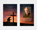 Funeral program with sunset sky, silhouette of a man kneeling at a cross, gold "Forever in His Presence" text — Standard size