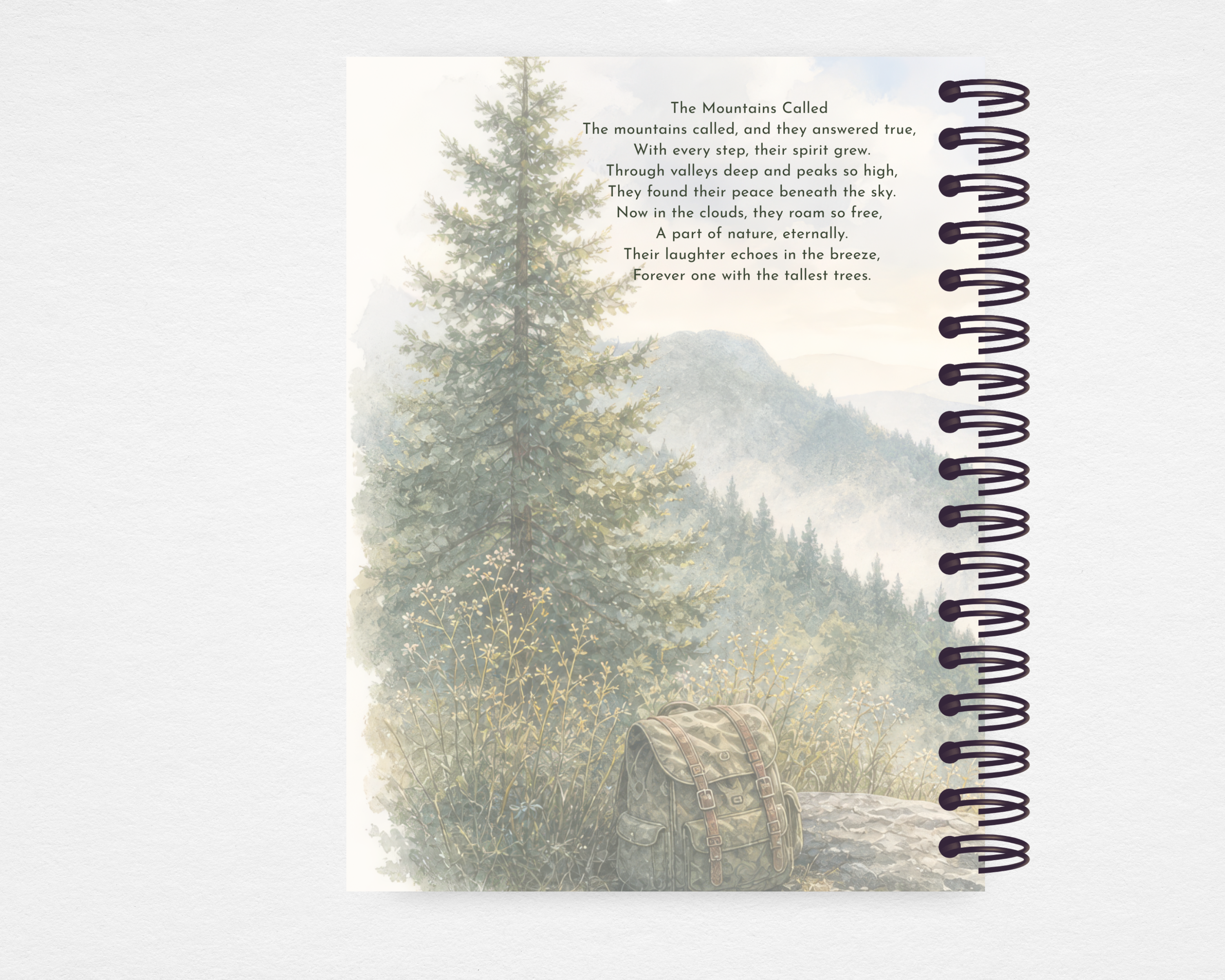 Summit & Sky memorial guest book back cover — misty watercolor mountain and tall pine tree scene, hiker's backpack resting on trail, 'The Mountains Called' poem printed in serif text