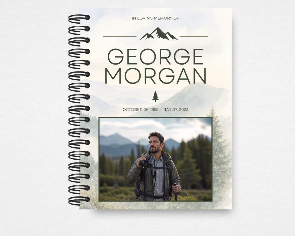 Summit & Sky memorial guest book — watercolor mountain landscape background, pine tree icon, 'In Loving Memory Of' header, bold name placeholder, dates, and rectangular photo placeholder with hiker holding binoculars