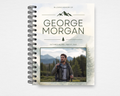 Summit & Sky memorial guest book — watercolor mountain landscape background, pine tree icon, 'In Loving Memory Of' header, bold name placeholder, dates, and rectangular photo placeholder with hiker holding binoculars