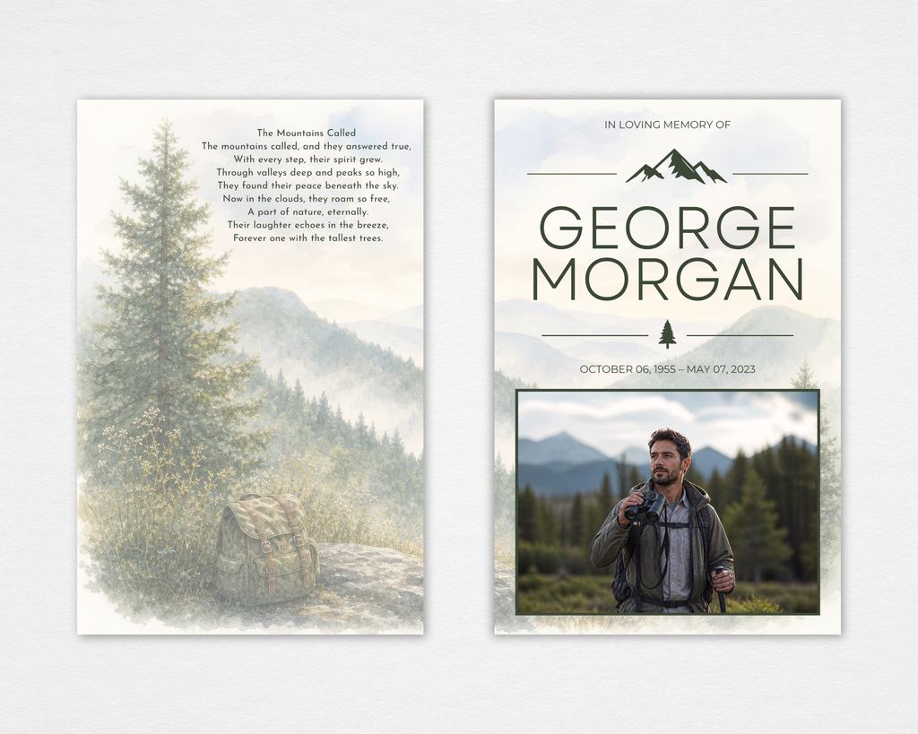 Summit & Sky watercolor mountain funeral program — misty pine forest cover with bold modern typography and mountain peak icon, poem "The Mountains Called" on back — Standard size