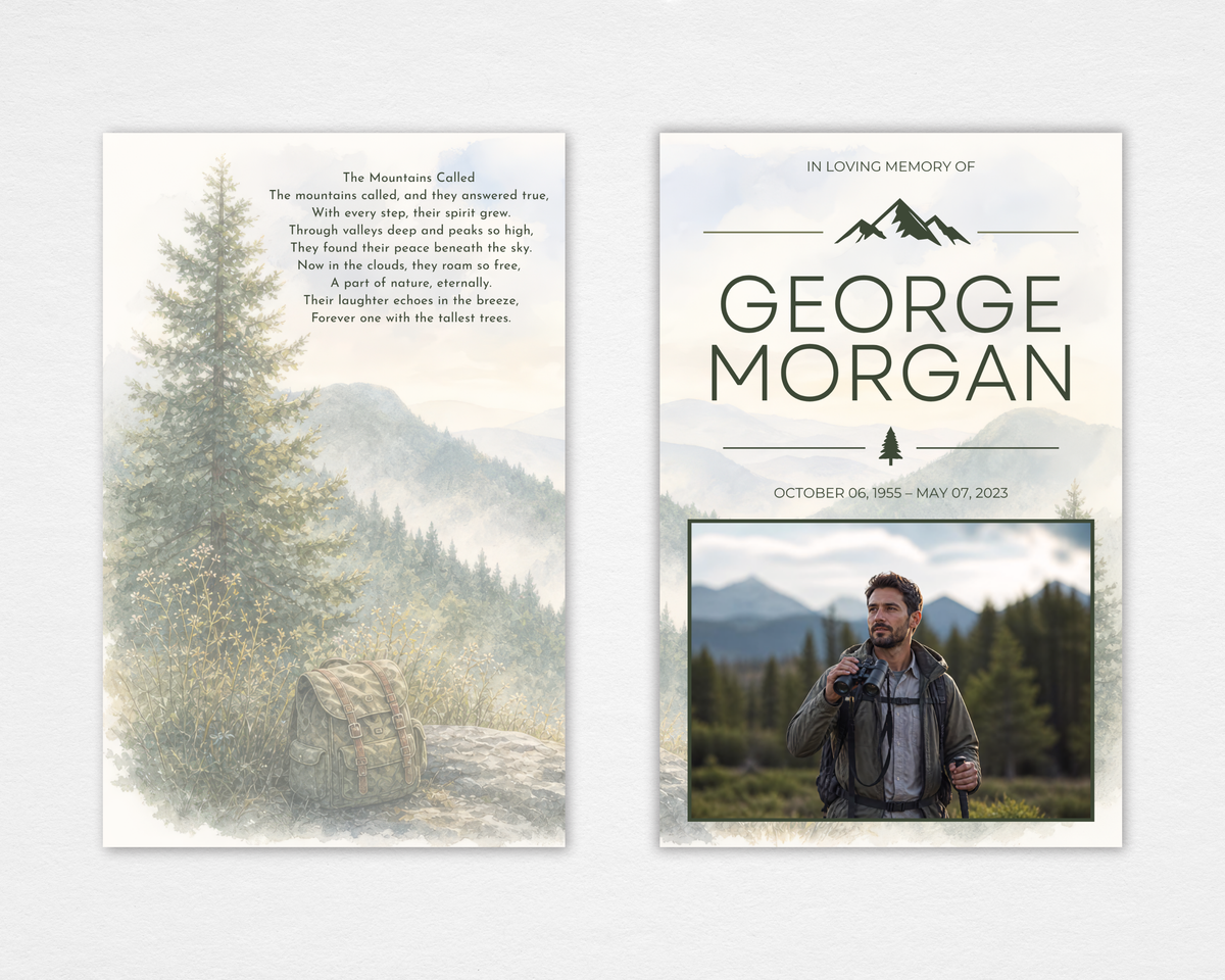Summit & Sky watercolor mountain funeral program — misty pine forest cover with bold modern typography and mountain peak icon, poem "The Mountains Called" on back — Standard size