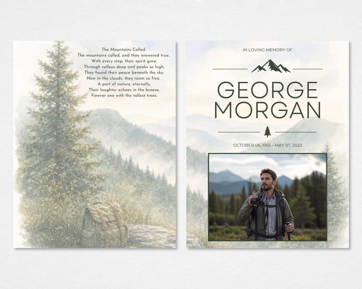 Summit & Sky watercolor mountain funeral program — misty pine forest cover with bold modern typography and mountain peak icon, poem "The Mountains Called" on back — Tabloid size