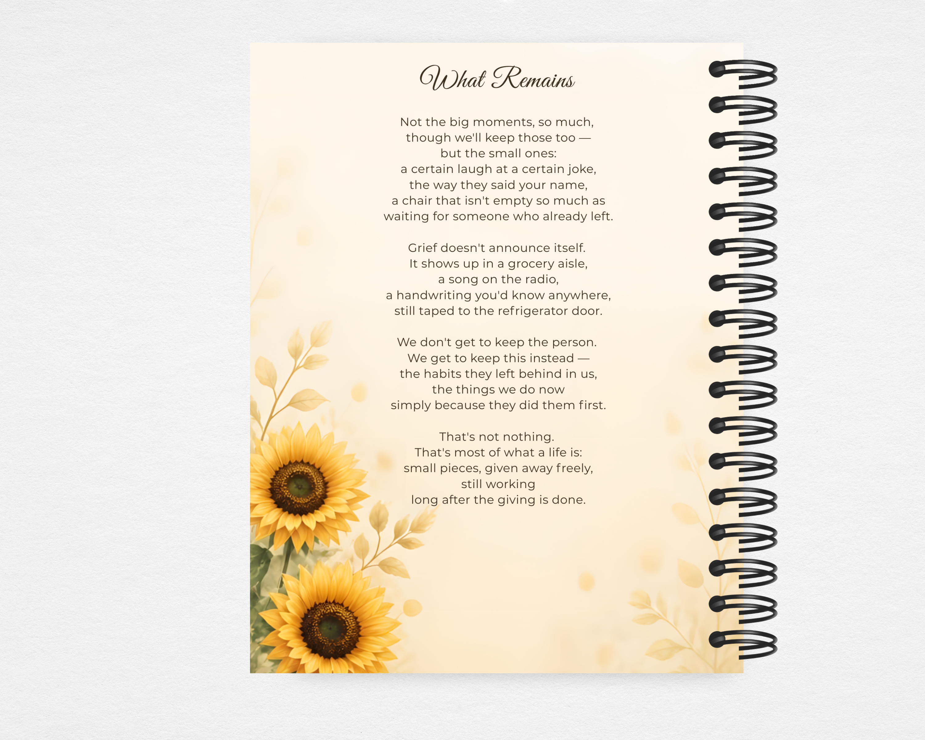 Sunflower Fields memorial guest book back cover — matching sunflower border with original poem "What Remains" in serif type on cream background — Standard size