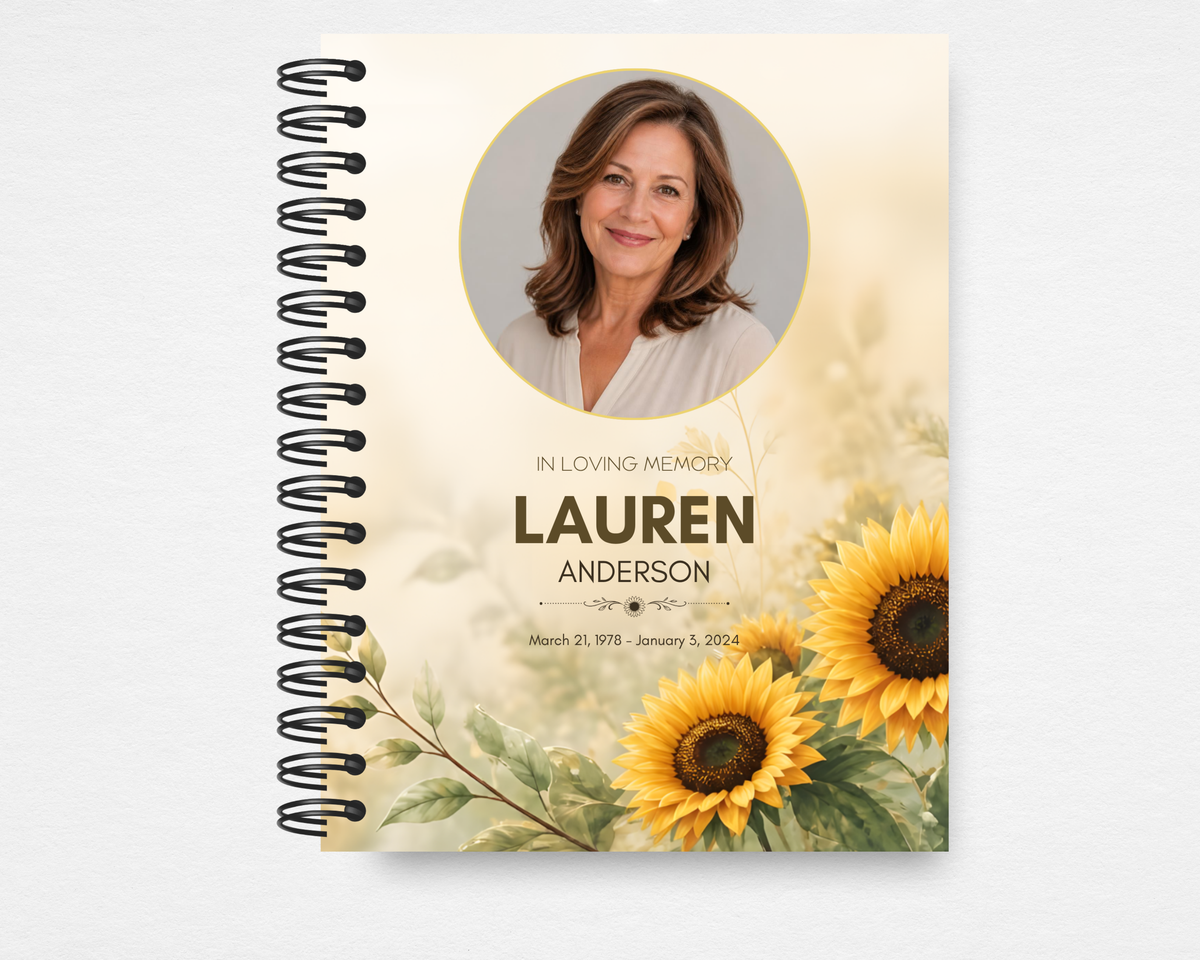 Sunflower Fields memorial guest book cover — warm cream background with bold yellow sunflowers, watercolor greenery, and serif "In Loving Memory" text — Standard size