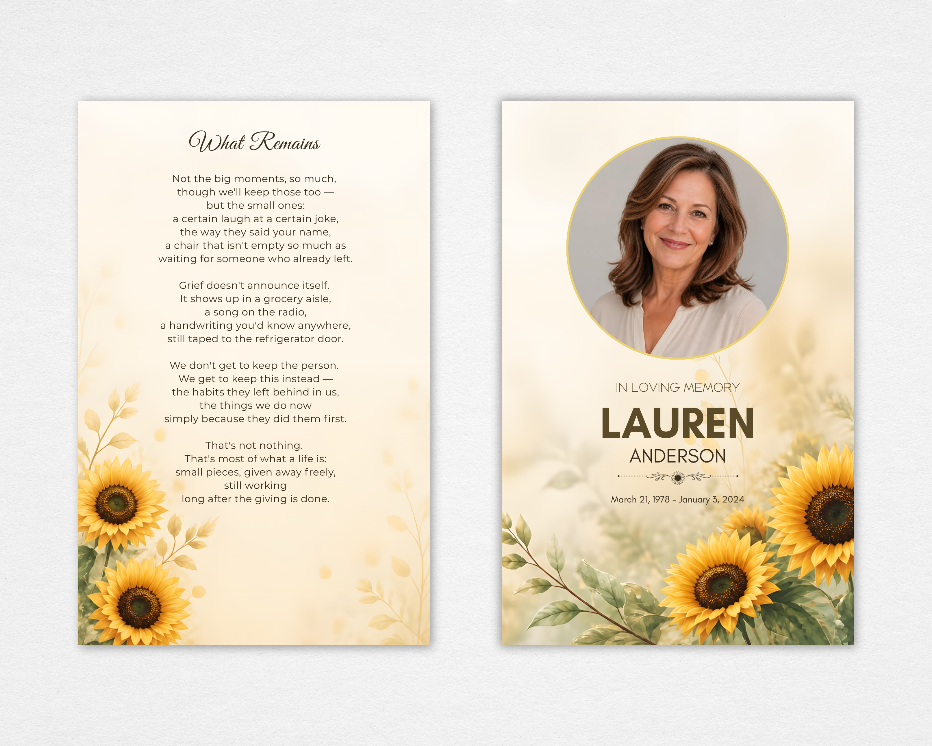 Sunflower Fields Funeral Program Template | Warm Floral Canva Design