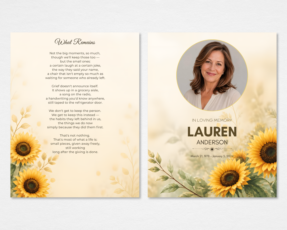 Sunflower Fields Funeral Program Template | Warm Floral Canva Design
