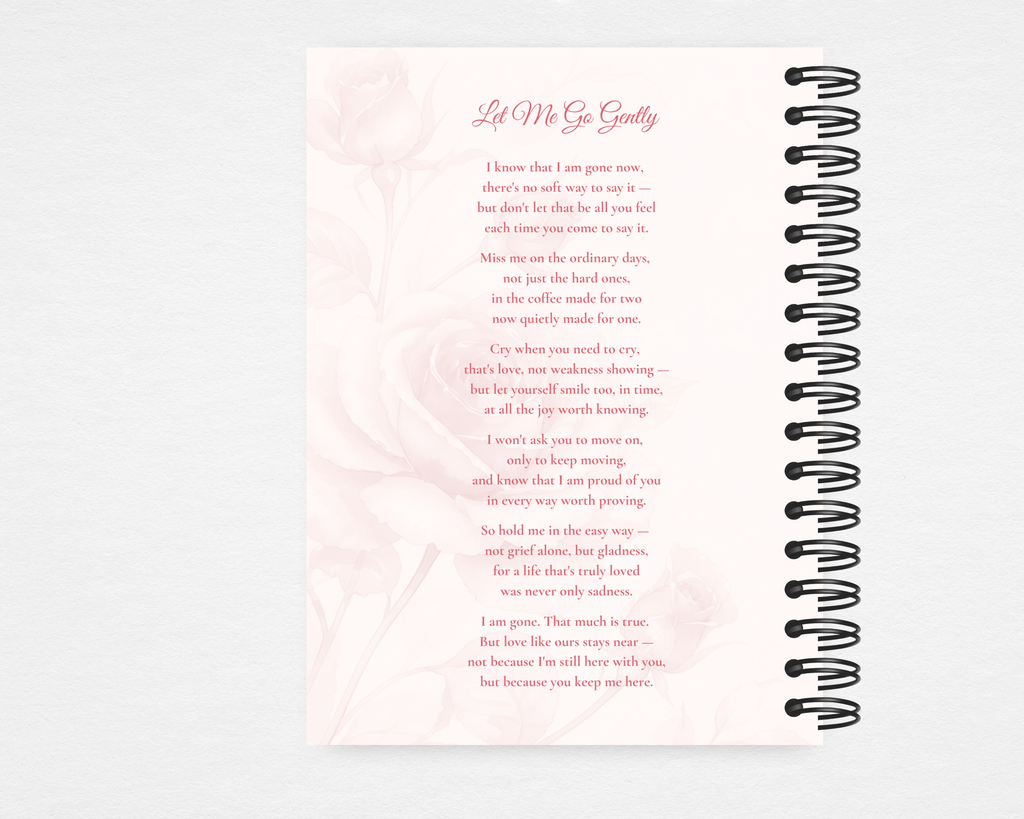 Gentle Rose memorial guest book — back cover with soft rose watercolor wash and full text of the original poem Let Me Go Gently
