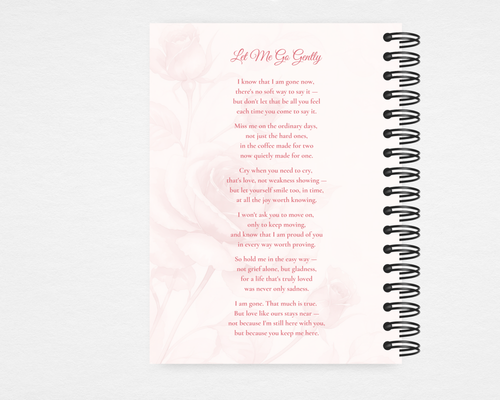 Gentle Rose memorial guest book — back cover with soft rose watercolor wash and full text of the original poem Let Me Go Gently