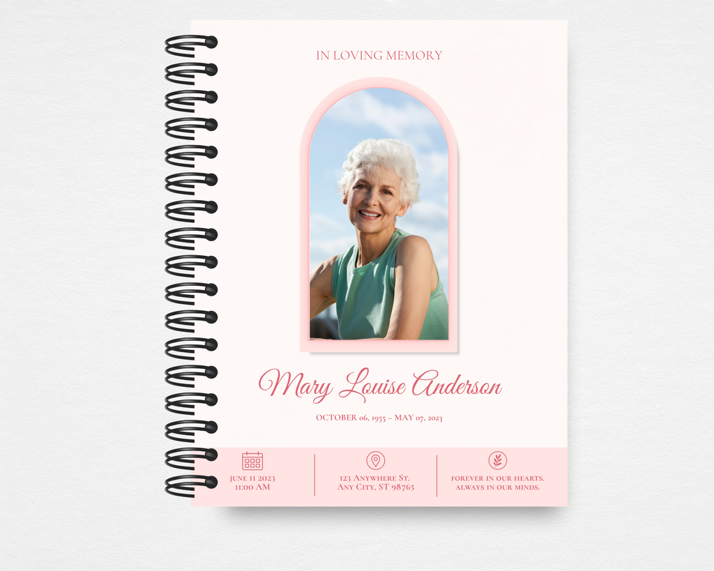 Gentle Rose memorial guest book — front cover with soft blush rose background, arched pink photo frame, script name typography, and three-icon service detail footer