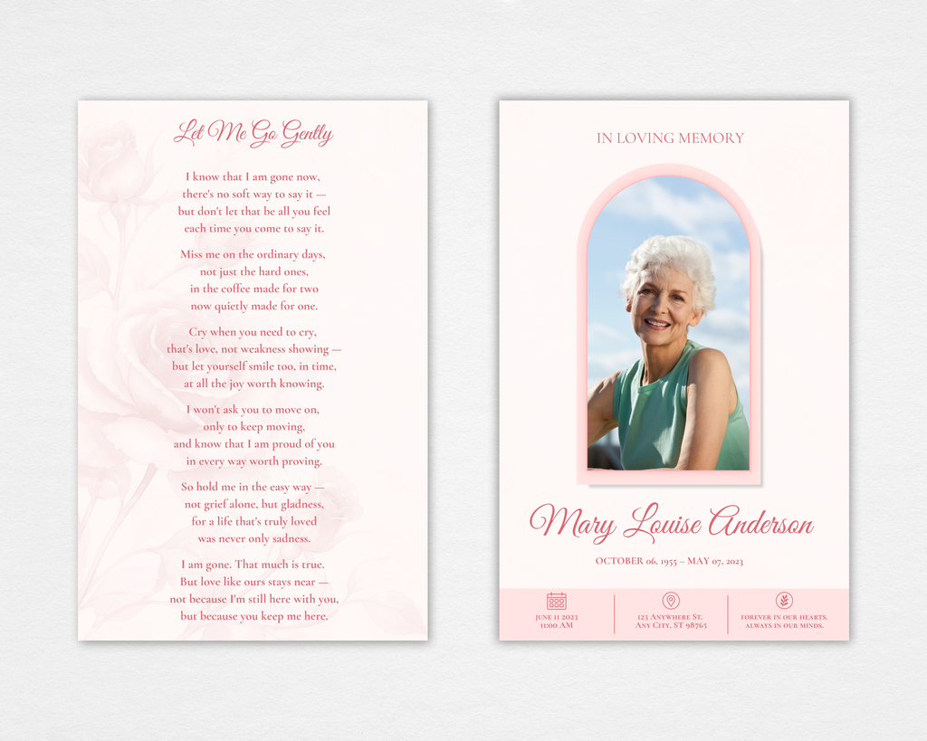 Gentle Rose funeral program — front cover with soft blush rose background, arched pink photo frame, script name typography, and three-icon service detail footer — Standard size