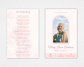 Gentle Rose funeral program — front cover with soft blush rose background, arched pink photo frame, script name typography, and three-icon service detail footer — Standard size