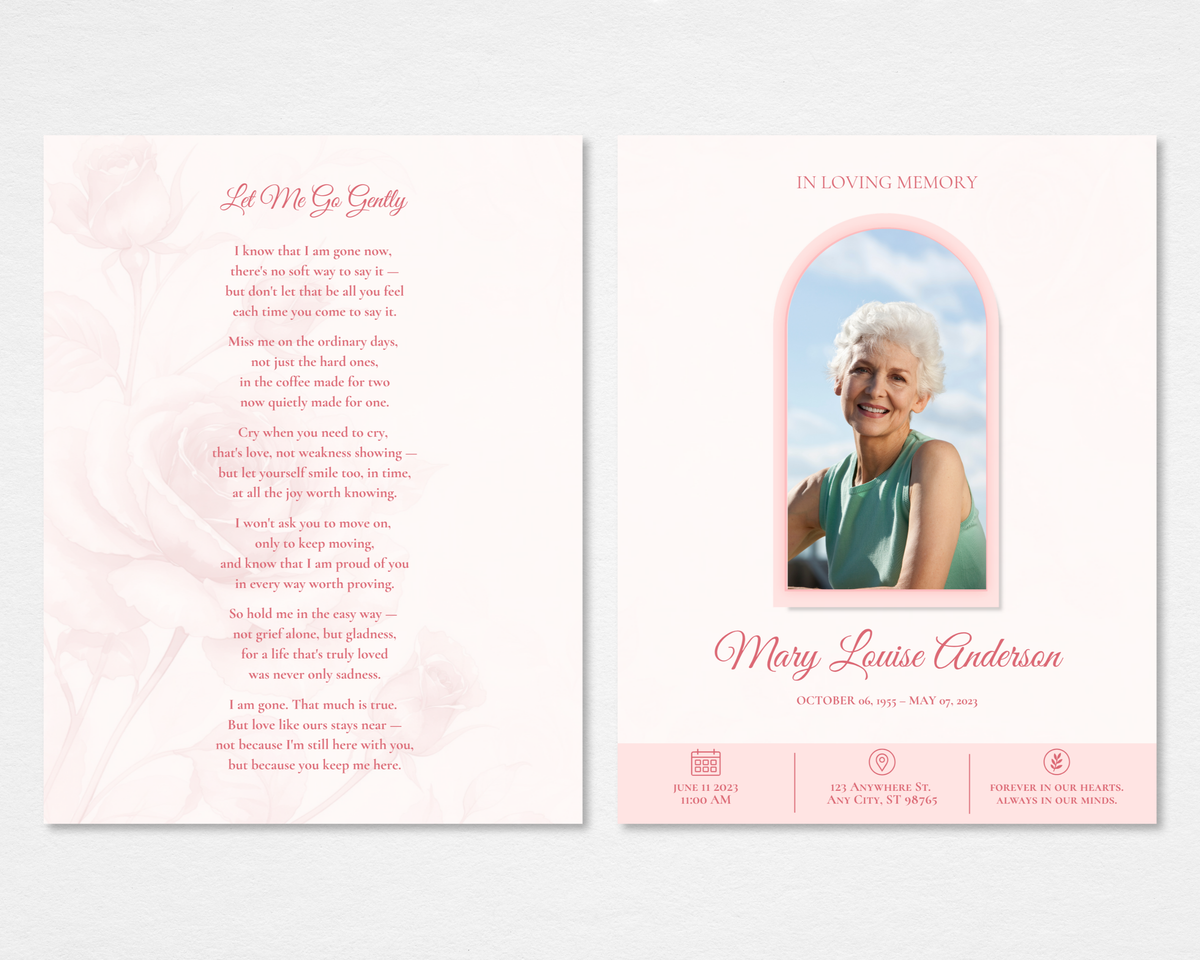 Gentle Rose funeral program — front cover with soft blush rose background, arched pink photo frame, script name typography, and three-icon service detail footer — Tabloid size