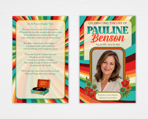 Her Music Plays On funeral program template — retro rainbow music design with portrait photo frame, editable in Canva