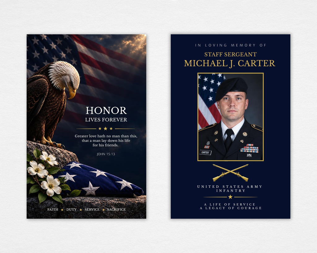 Honor Lives Forever military memorial funeral program mockup showing an eagle beside an American flag and white flowers on the front, with a navy-and-gold Army portrait cover on the back, Standard size
