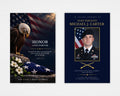 Honor Lives Forever military memorial funeral program mockup showing an eagle beside an American flag and white flowers on the front, with a navy-and-gold Army portrait cover on the back, Standard size