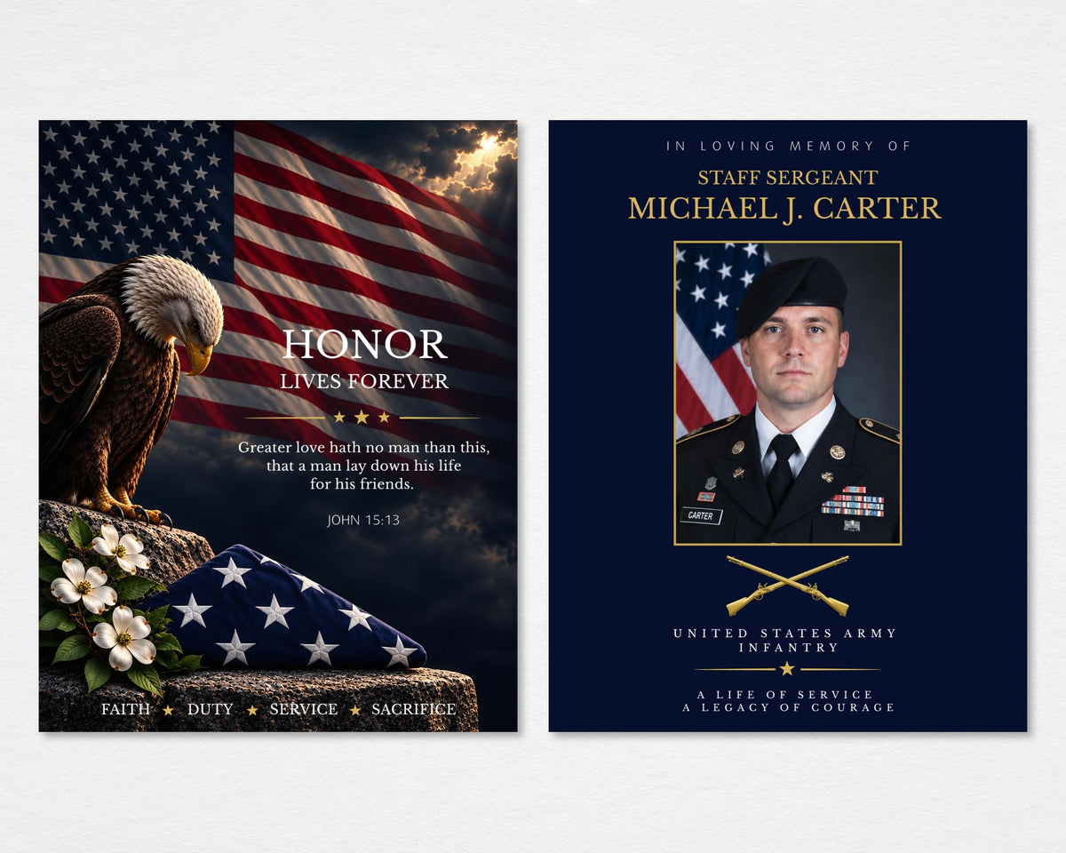 Honor Lives Forever military memorial funeral program mockup showing an eagle beside an American flag and white flowers on the front, with a navy-and-gold Army portrait cover on the back, Tabloid size