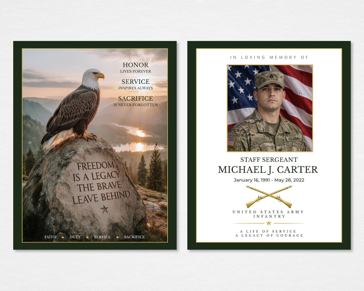 Legacy of Freedom military memorial funeral program mockup showing an eagle above a mountain landscape with the words “Freedom Is a Legacy the Brave Leave Behind,” beside a cream Army portrait cover with crossed rifles, Tabloid size