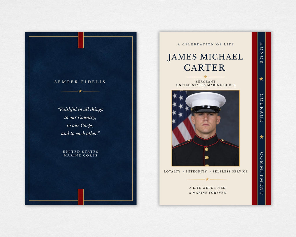 A navy and gold Marine Corps funeral program with a dress-uniform portrait photo, American flag backdrop, vertical Honor Courage Commitment ribbon, and Semper Fidelis navy back cover, Standard size