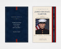 A navy and gold Marine Corps funeral program with a dress-uniform portrait photo, American flag backdrop, vertical Honor Courage Commitment ribbon, and Semper Fidelis navy back cover, Standard size