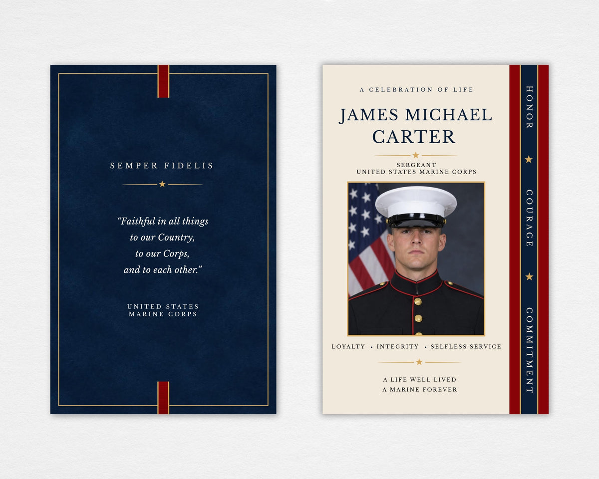 A navy and gold Marine Corps funeral program with a dress-uniform portrait photo, American flag backdrop, vertical Honor Courage Commitment ribbon, and Semper Fidelis navy back cover, Standard size
