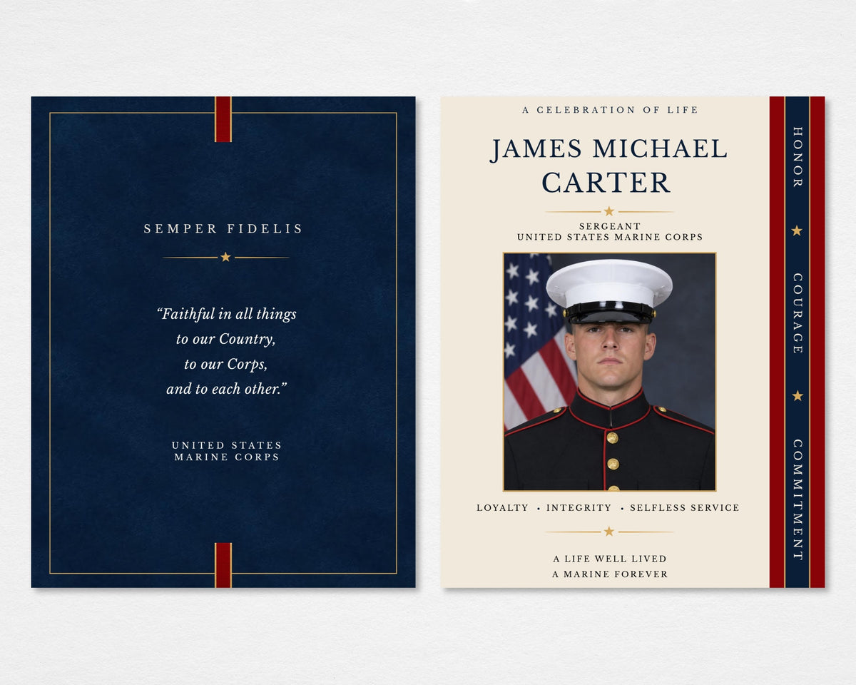 A navy and gold Marine Corps funeral program with a dress-uniform portrait photo, American flag backdrop, vertical Honor Courage Commitment ribbon, and Semper Fidelis navy back cover, Tabloid size