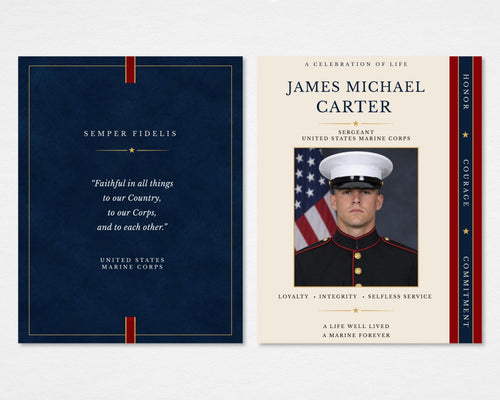 A navy and gold Marine Corps funeral program with a dress-uniform portrait photo, American flag backdrop, vertical Honor Courage Commitment ribbon, and Semper Fidelis navy back cover, Tabloid size