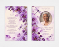 Purple Orchid & Dragonfly Standard funeral program front and back mockup with lavender orchids, dragonflies, oval portrait, and “Loved, Still” poem