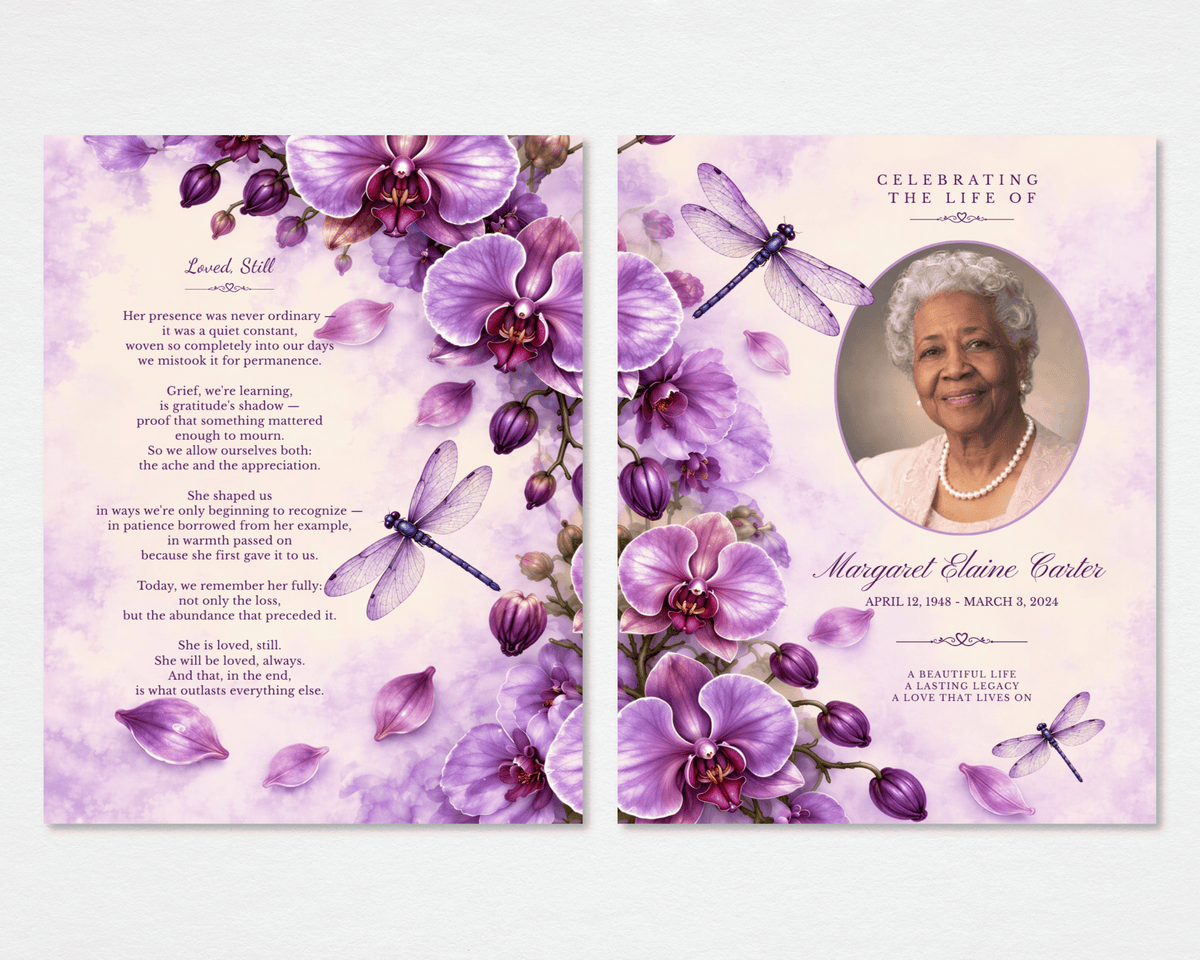 Purple Orchid & Dragonfly Tabloid funeral program front and back mockup with lavender orchids, dragonflies, oval portrait, and “Loved, Still” poem