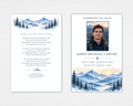 Standard funeral program front and back mockup with a blue-framed portrait above misty watercolor mountains, pine trees, and sunrise light; the back shows the poem “Where You Are Free to Roam