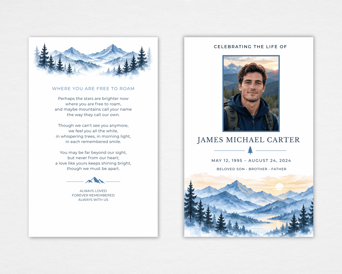 Standard funeral program front and back mockup with a blue-framed portrait above misty watercolor mountains, pine trees, and sunrise light; the back shows the poem “Where You Are Free to Roam