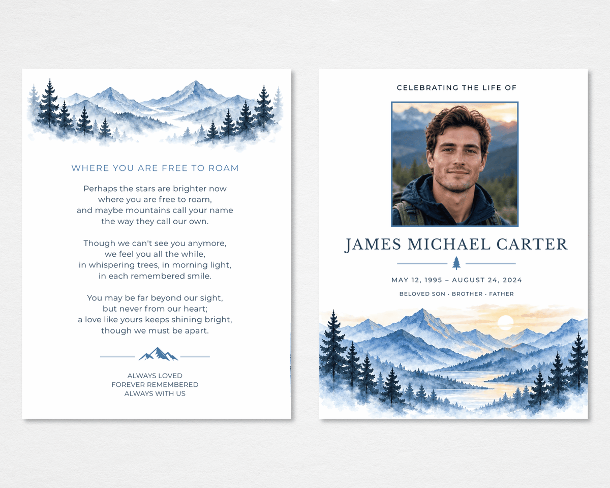  Tabloid funeral program front and back mockup with a portrait above blue watercolor mountains and pines; the back features “Where You Are Free to Roam” beneath a misty mountain skyline