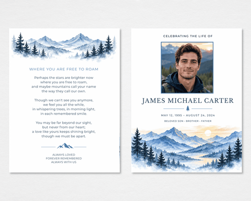  Tabloid funeral program front and back mockup with a portrait above blue watercolor mountains and pines; the back features “Where You Are Free to Roam” beneath a misty mountain skyline
