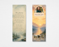 Watercolor Wilderness memorial bookmark — front with golden sunset mountain landscape, circular photo placeholder, botanical accents, and nature vignette cards; back with misty river scene and Her Journey poem