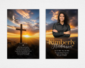 Golden Sunset Cross funeral program template front and back cover — sunset cross, white dove, Psalm 55:6, and blended portrait design