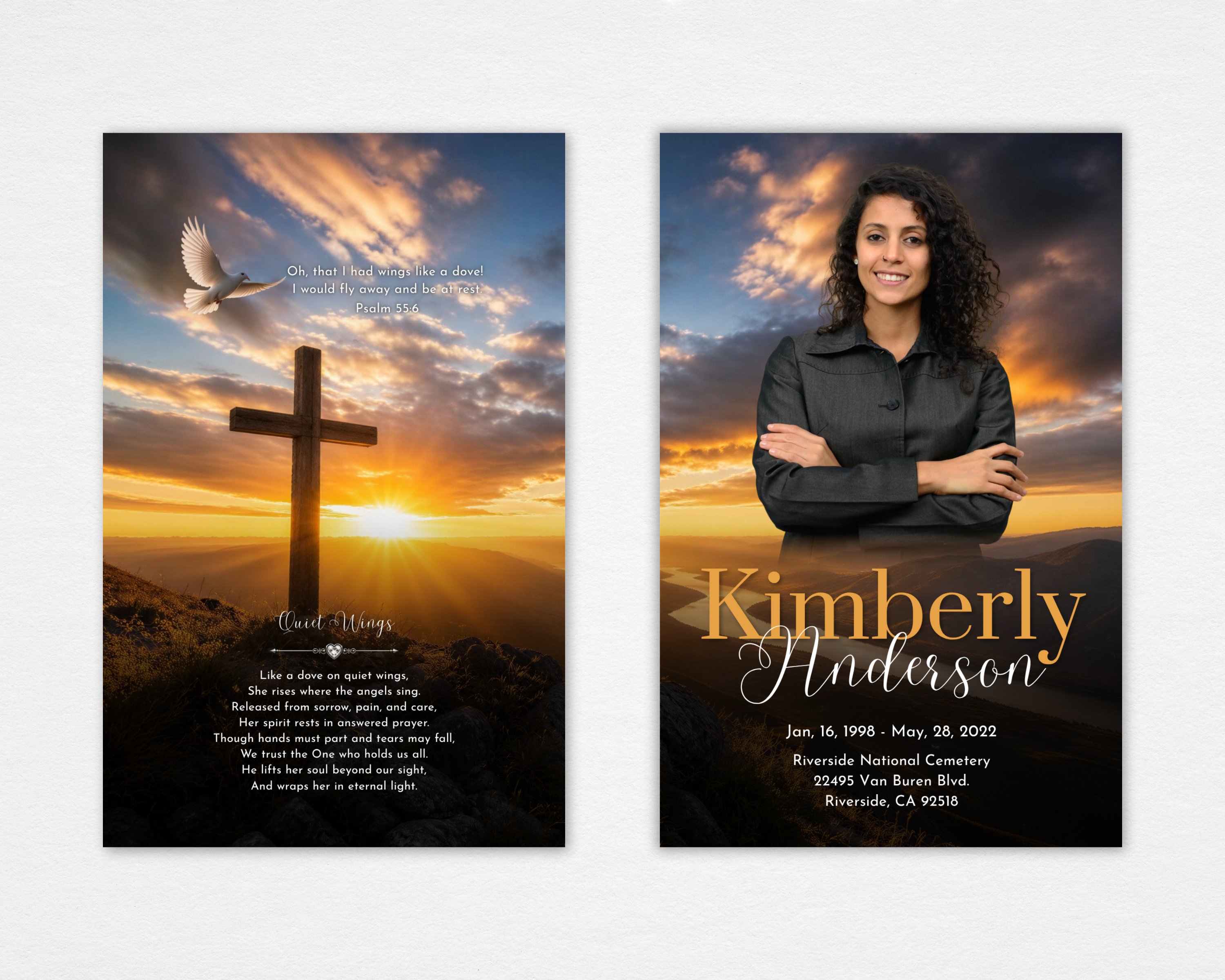 Golden Sunset Cross funeral program template front and back cover — sunset cross, white dove, Psalm 55:6, and blended portrait design