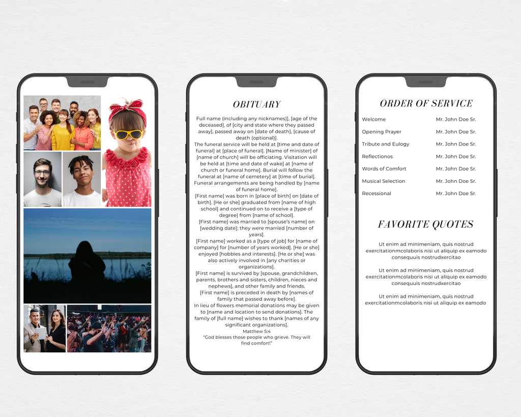 Funeral program template on mobile devices showing obituary and order of service pages
