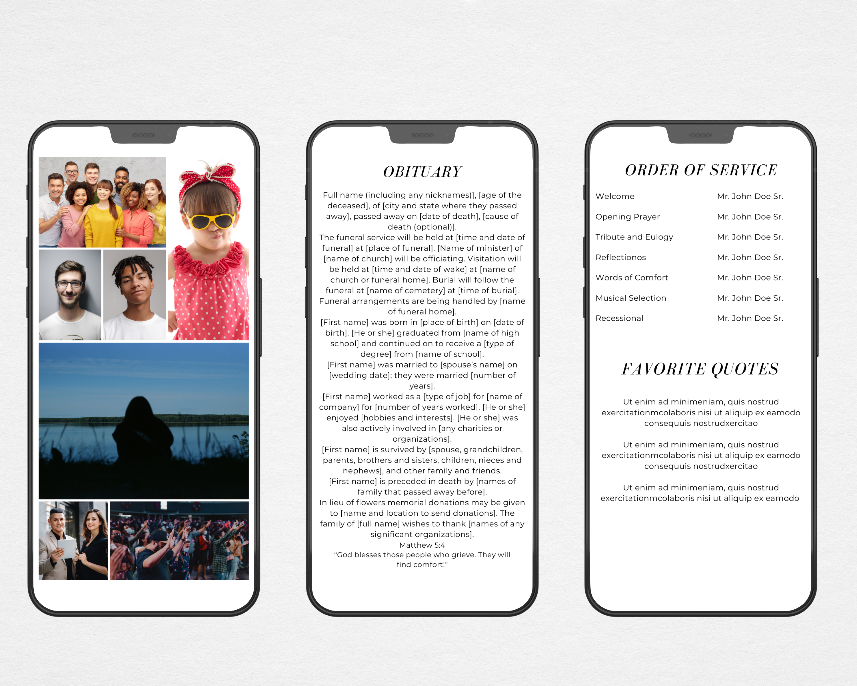 Funeral program template on mobile devices showing obituary and order of service pages
