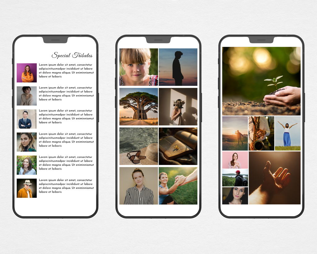 Funeral program template shown on mobile phones displaying interior pages
