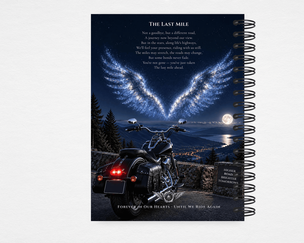 The Final Ride motorcycle memorial guest book Canva template — moonlit overlook back cover with The Last Mile poem, Canva editable, print-ready