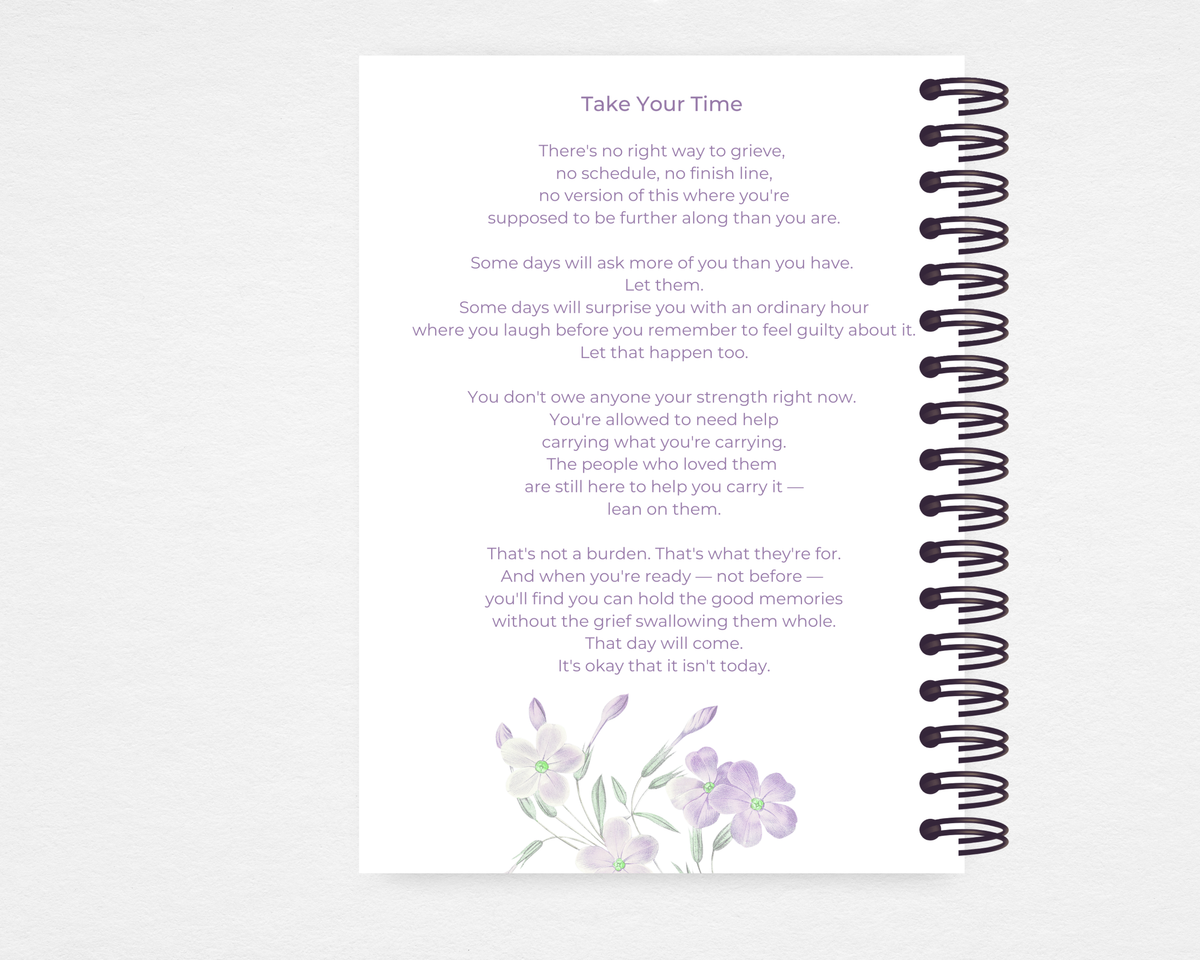  Lilac Whisper memorial guest book template back cover — scattered watercolor lilac florals on white with original poem Take Your Time by C. Lindorfer, spiral bound — Standard size